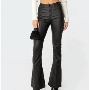 Edikted Medium High-rise Black Coated Faux Leather Flare And Stretchy Pants